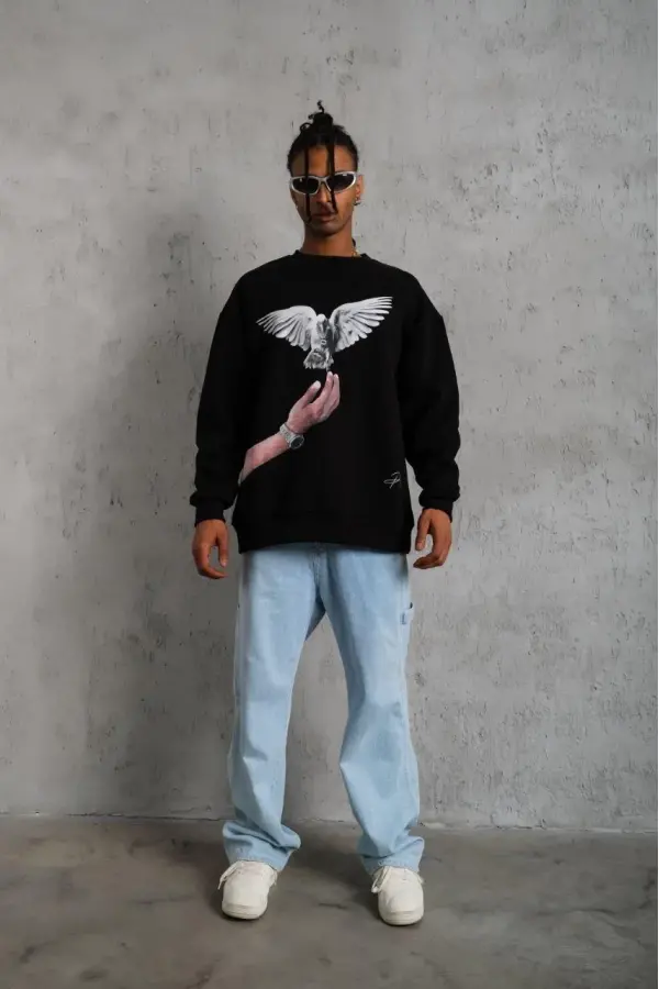 Erkek Güvercin Baskılı 3 iplik Bisiklet Yaka ipamuklu Sweatshirt - Siyah Erkek Güvercin Baskılı 3 iplik Bisiklet Yaka ipamuklu Sweatshirt - Siyah