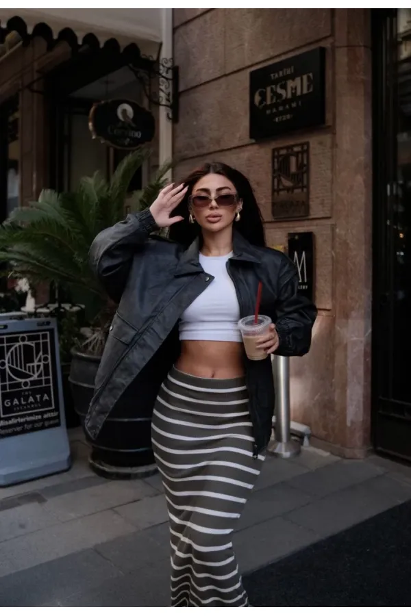 Kadın Suni Deri Pilot Ceket - Haki