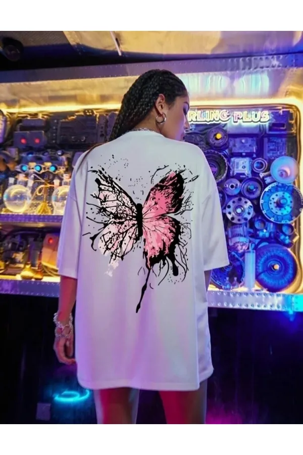 Kadın Tişört Kelebek Baskılı Oversize Kısa Kol T-Shirt - Beyaz Kadın Tişört Kelebek Baskılı Oversize Kısa Kol T-Shirt - Beyaz
