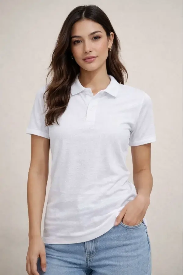 Kadın Polo Yaka Pike Kumaş Düğmeli Basic Tişört T-Shirt Günlük Rahat - Beyaz Kadın Polo Yaka Pike Kumaş Düğmeli Basic Tişört T-Shirt Günlük Rahat - Beyaz
