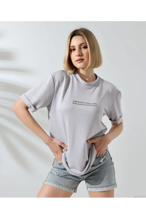 Kadın Bisiklet Yaka Baskılı Slim Fit T-Shirt - Boyalı Gri