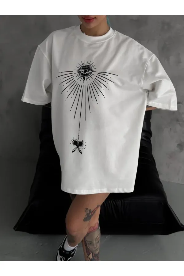 kadın Bisiklet Yaka Baskılı Oversize Kısa kol T-Shirt - Beyaz kadın Bisiklet Yaka Baskılı Oversize Kısa kol T-Shirt - Beyaz
