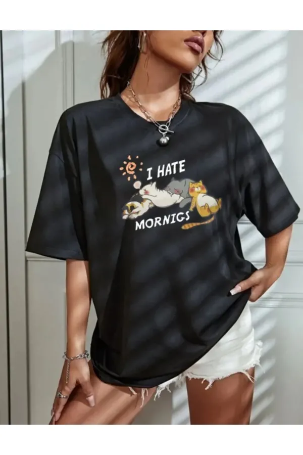 Kadın Tişört Bisiklet Yaka Baskılı Oversize T-Shirt - Siyah Kadın Tişört Bisiklet Yaka Baskılı Oversize T-Shirt - Siyah