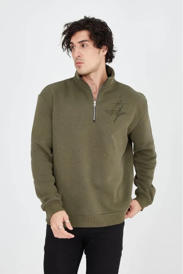 Erkek Yarım Fermuarlı Baskılı 3 iplik pamuklu sweatshirt - Yeşil Erkek Yarım Fermuarlı Baskılı 3 iplik pamuklu sweatshirt - Yeşil
