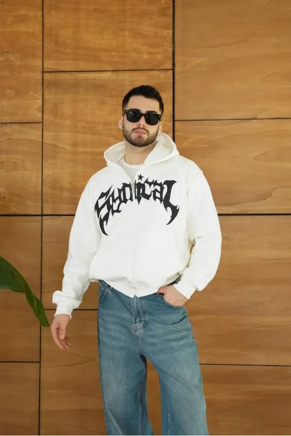 Erkek Kapüşonlu 3 İplik Şardonlu Önü Baskılı Fermuarlı Oversize Sweatshirt - Beyaz Erkek Kapüşonlu 3 İplik Şardonlu Önü Baskılı Fermuarlı Oversize Sweatshirt - Beyaz
