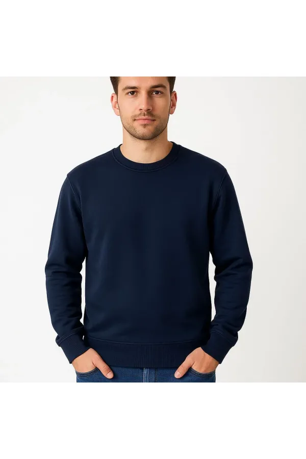Erkek 3 İplik Pamuklu Düz Bisiklet Yaka SweatShirt - Lacivert Erkek 3 İplik Pamuklu Düz Bisiklet Yaka SweatShirt - Lacivert