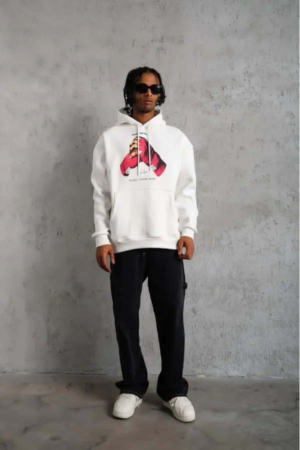 Erkek Kapüşonlu Cepli Boks Eldiven Baskılı 3 İplik Sweatshirt Hoodie - Beyaz Erkek Kapüşonlu Cepli Boks Eldiven Baskılı 3 İplik Sweatshirt Hoodie - Beyaz