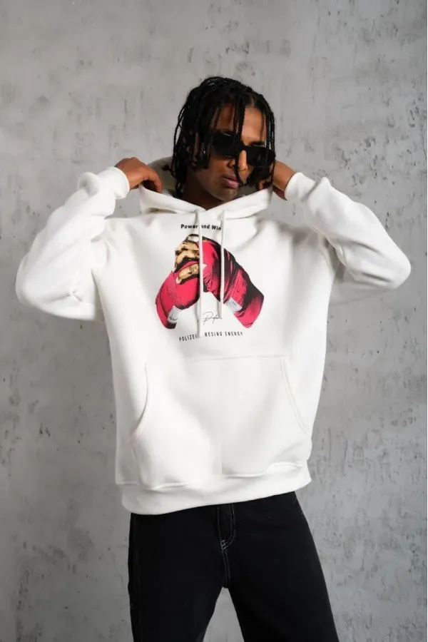 Erkek Kapüşonlu Cepli Boks Eldiven Baskılı 3 İplik Sweatshirt Hoodie - Beyaz Erkek Kapüşonlu Cepli Boks Eldiven Baskılı 3 İplik Sweatshirt Hoodie - Beyaz