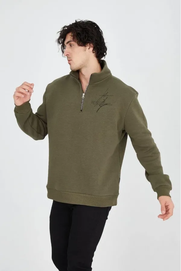 Erkek Yarım Fermuarlı Baskılı 3 iplik pamuklu sweatshirt - Yeşil Erkek Yarım Fermuarlı Baskılı 3 iplik pamuklu sweatshirt - Yeşil