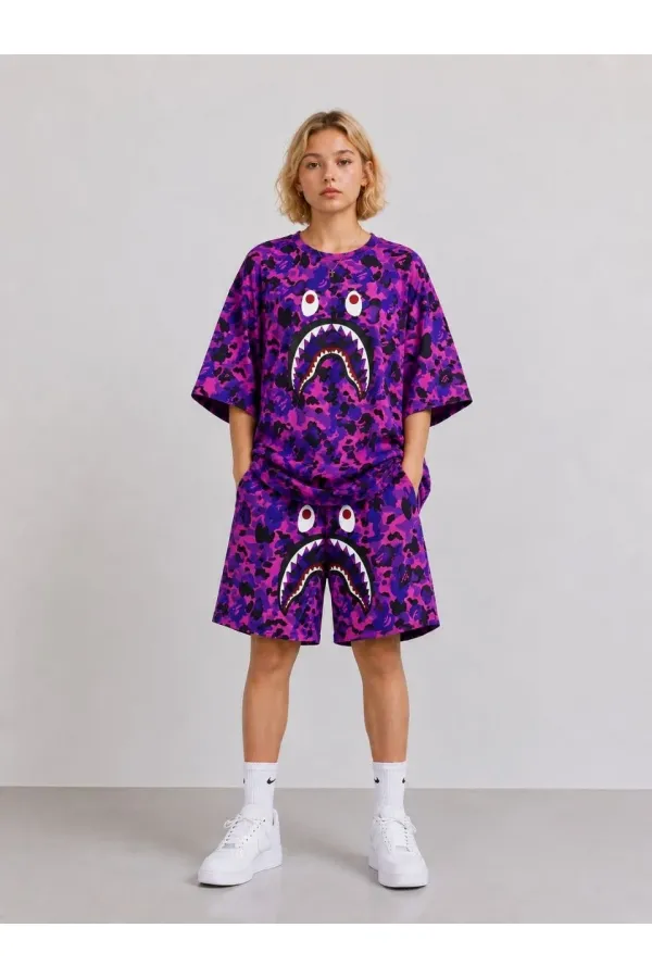 Kız Çocuk Oversize Kalıp Pubg Bape X Shark Nakışlı Cepli Şort Takım - Mor Kız Çocuk Oversize Kalıp Pubg Bape X Shark Nakışlı Cepli Şort Takım - Mor