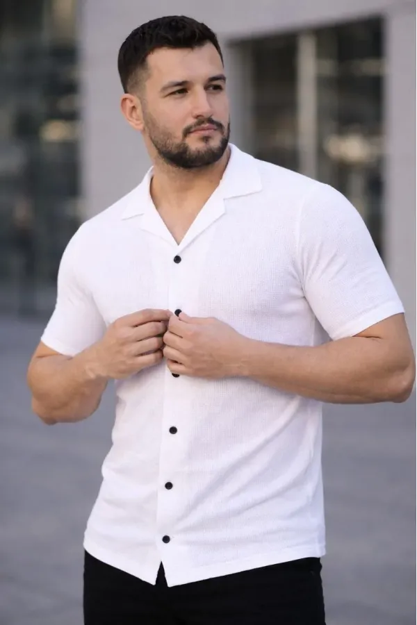 Erkek Waffle Kumaş Açık Yakalı Düğmeli Regular Fit Gömlek 2’li Set Siyah-Beyaz
