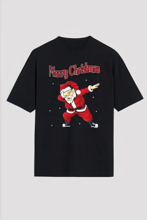 Yılbaşı Merry Christmas Noel Baba Baskılı Oversize Bisiklet Yaka T-shirt - Siyah Yılbaşı Merry Christmas Noel Baba Baskılı Oversize Bisiklet Yaka T-shirt - Siyah