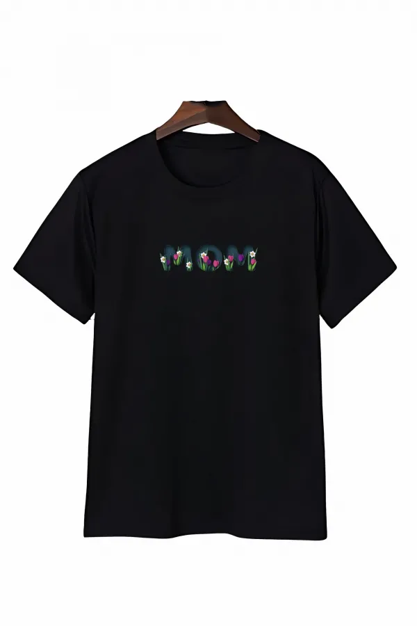 Anneler Günü Mom Çiçek Temalı Baskılı Oversize Bisiklet Yaka T-shirt - Siyah Anneler Günü Mom Çiçek Temalı Baskılı Oversize Bisiklet Yaka T-shirt - Siyah