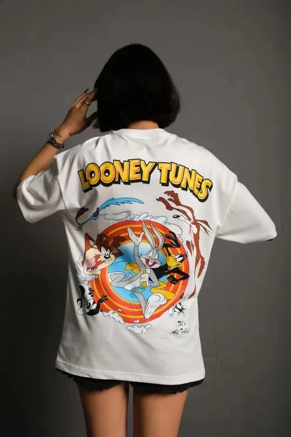 kadın Bisiklet Yaka Baskılı Oversize Kısa kol T-Shirt - Beyaz kadın Bisiklet Yaka Baskılı Oversize Kısa kol T-Shirt - Beyaz