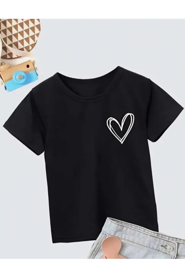 Kız Çocuk Bisiklet Yaka Baskılı T-Shirt - Siyah Kız Çocuk Bisiklet Yaka Baskılı T-Shirt - Siyah