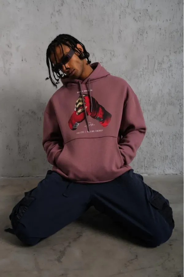 Erkek Kapüşonlu Cepli Box Eldiven Baskılı 3 İplik Sweatshirt Hoodie - Gül Kurusu Erkek Kapüşonlu Cepli Box Eldiven Baskılı 3 İplik Sweatshirt Hoodie - Gül Kurusu