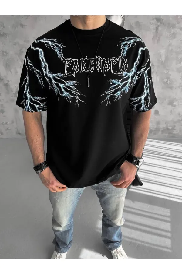 ERKEK Bisiklet Yaka Yıldırım Baskılı Kısa kol T-Shirt-Siyah ERKEK Bisiklet Yaka Yıldırım Baskılı Kısa kol T-Shirt-Siyah