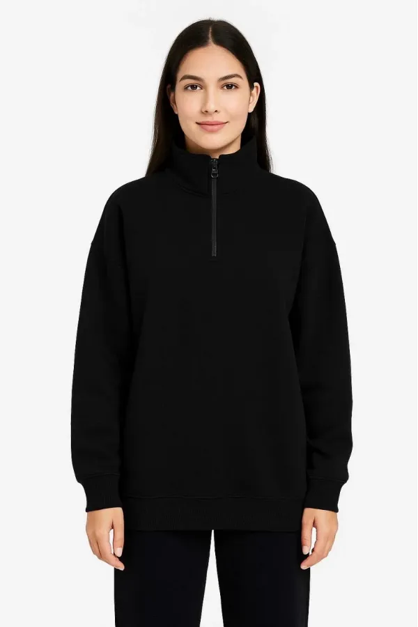 Kadın 3 İplik Pamuklu Dık Yaka Yarım Fermuarlı SweatShirt - Siyah Kadın 3 İplik Pamuklu Dık Yaka Yarım Fermuarlı SweatShirt - Siyah