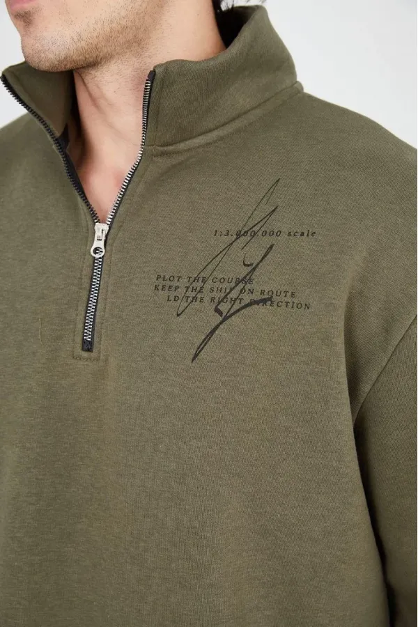 Erkek Yarım Fermuarlı Baskılı 3 iplik pamuklu sweatshirt - Yeşil Erkek Yarım Fermuarlı Baskılı 3 iplik pamuklu sweatshirt - Yeşil