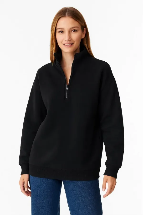 Kadın 3 İplik Pamuklu Dık Yaka Yarım Fermuarlı SweatShirt - Siyah Kadın 3 İplik Pamuklu Dık Yaka Yarım Fermuarlı SweatShirt - Siyah