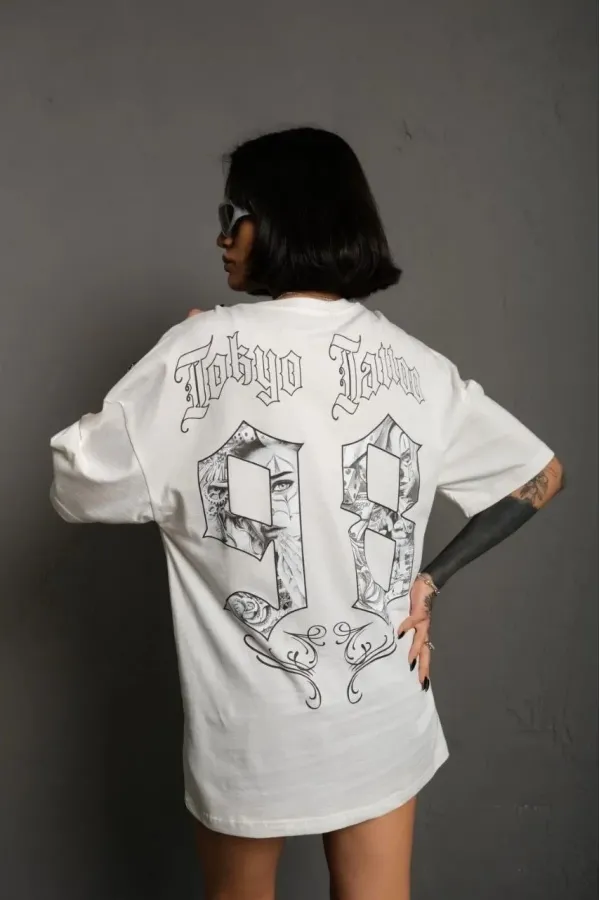 kadın Bisiklet Yaka Baskılı Oversize Kısa kol T-Shirt - Beyaz kadın Bisiklet Yaka Baskılı Oversize Kısa kol T-Shirt - Beyaz