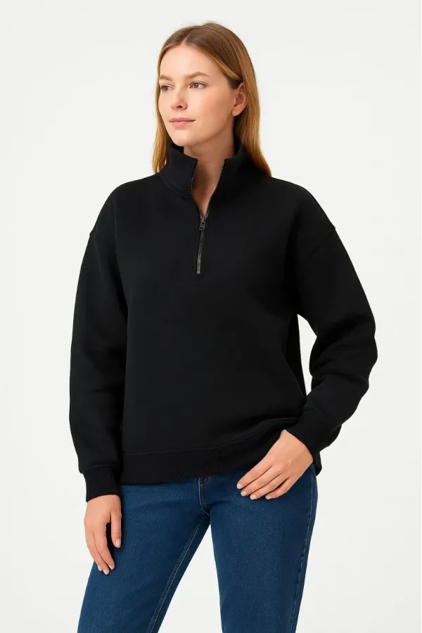 Kadın 3 İplik Pamuklu Dık Yaka Yarım Fermuarlı SweatShirt - Siyah Kadın 3 İplik Pamuklu Dık Yaka Yarım Fermuarlı SweatShirt - Siyah