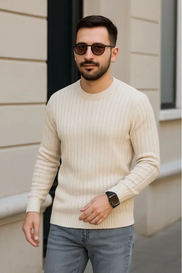 Erkek Fitilli Triko Kazak 2’li Set Bej Beyaz Kalın Dokuma Pamuklu Regular Fit Bisiklet Erkek Fitilli Triko Kazak 2’li Set Bej Beyaz Kalın Dokuma Pamuklu Regular Fit Bisiklet