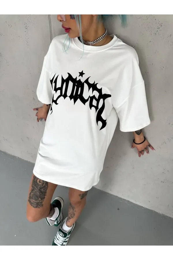 kadın Bisiklet Yaka Baskılı Oversize Kısa kol T-Shirt - Beyaz kadın Bisiklet Yaka Baskılı Oversize Kısa kol T-Shirt - Beyaz