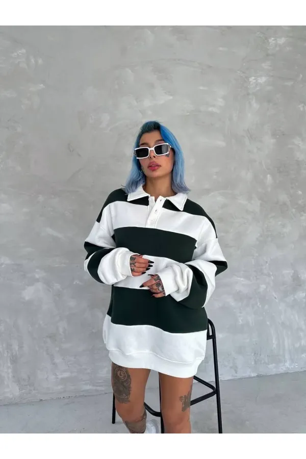 Kadın 3 iplik Pamuklu Parçalı Yakalı SweatShirt - Yeşil Kadın 3 iplik Pamuklu Parçalı Yakalı SweatShirt - Yeşil