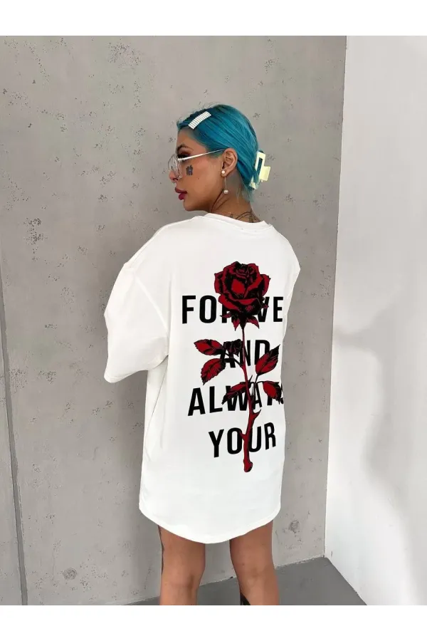 kadın Bisiklet Yaka Baskılı Oversize Kısa kol T-Shirt - Beyaz kadın Bisiklet Yaka Baskılı Oversize Kısa kol T-Shirt - Beyaz