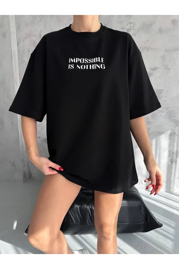 kadın Bisiklet Yaka Baskılı Oversize Kısa kol T-Shirt - Siyah kadın Bisiklet Yaka Baskılı Oversize Kısa kol T-Shirt - Siyah