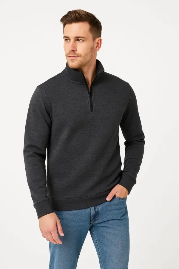 Erkek Dik Yaka Yarım Fermuarlı 3 İplik Pamuklu Sweatshirt - Antrasit Erkek Dik Yaka Yarım Fermuarlı 3 İplik Pamuklu Sweatshirt - Antrasit