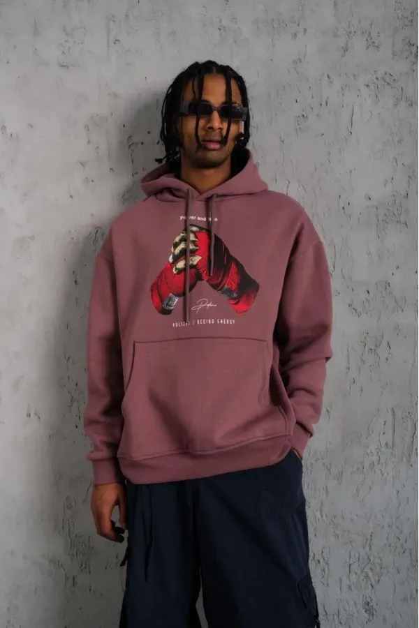 Erkek Kapüşonlu Cepli Box Eldiven Baskılı 3 İplik Sweatshirt Hoodie - Gül Kurusu Erkek Kapüşonlu Cepli Box Eldiven Baskılı 3 İplik Sweatshirt Hoodie - Gül Kurusu