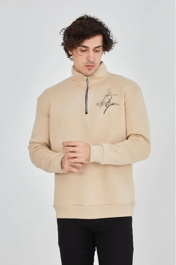Erkek Yarım Fermuarlı Baskılı 3 iplik pamuklu sweatshirt - Bej