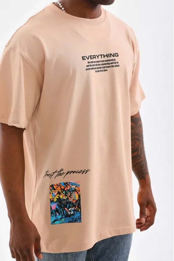 Erkek Bisiklet Yaka Baskılı Oversize T-Shirt - Bej Erkek Bisiklet Yaka Baskılı Oversize T-Shirt - Bej
