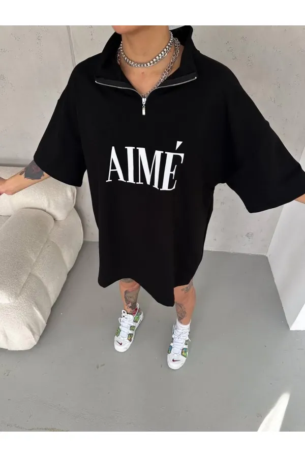 Kadın Yarım Fermuarlı Tişört Baskılı T-Shirt - Siyah Kadın Yarım Fermuarlı Tişört Baskılı T-Shirt - Siyah