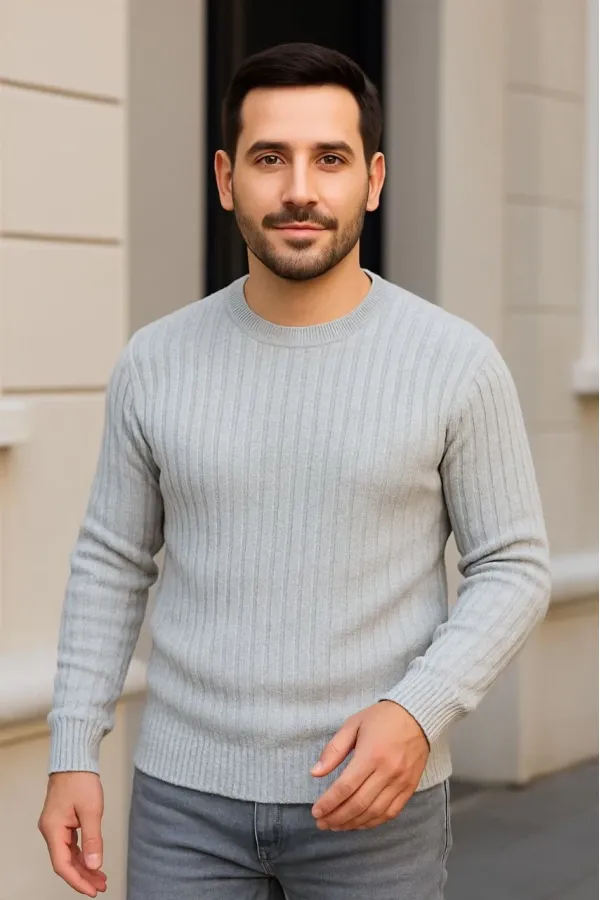 Erkek Fitilli Triko Bisiklet Yaka Kalın Kazak 3'lü Set Gri-Haki-Siyah Erkek Fitilli Triko Bisiklet Yaka Kalın Kazak 3'lü Set Gri-Haki-Siyah