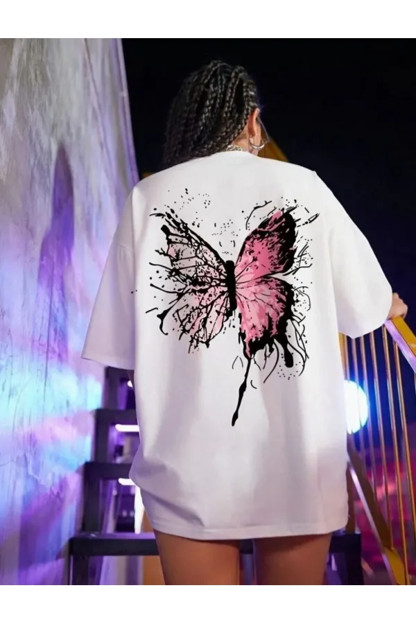 Kadın Tişört Kelebek Baskılı Oversize Kısa Kol T-Shirt - Beyaz Kadın Tişört Kelebek Baskılı Oversize Kısa Kol T-Shirt - Beyaz