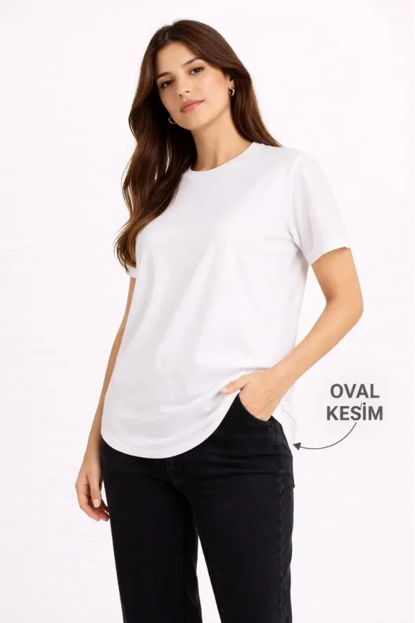 Kadın Basic T-Shirt Kısa Kol Bisiklet Yaka Oval Kesim Tişört - Beyaz