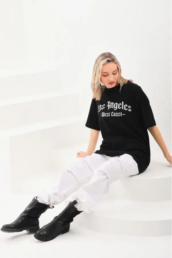 Kadın Baskılı Tişört Kısa Kol Bisiklet Yaka Oversize T-Shirt - Siyah Kadın Baskılı Tişört Kısa Kol Bisiklet Yaka Oversize T-Shirt - Siyah