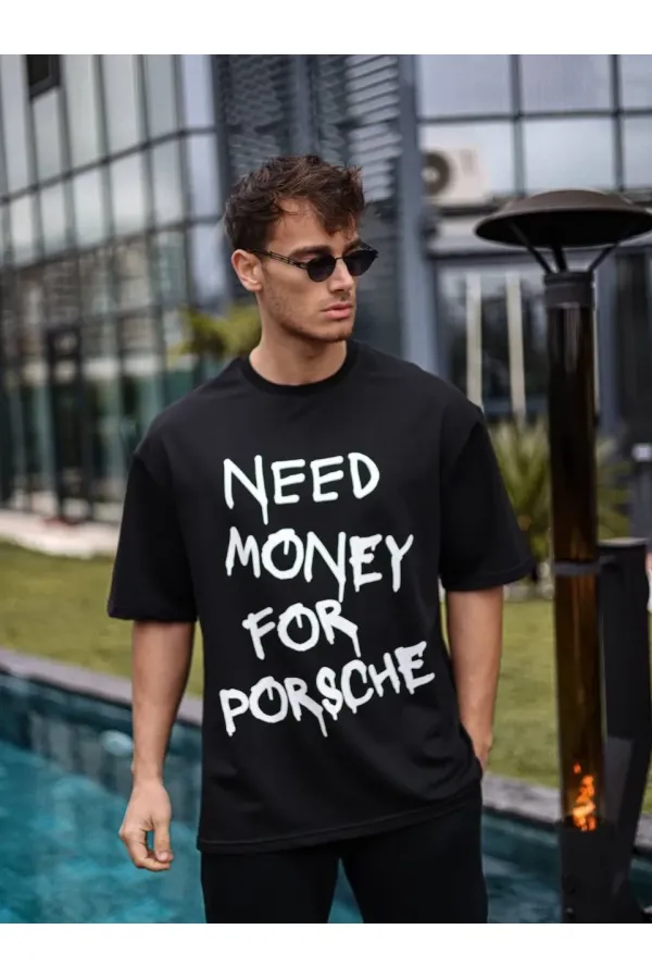 Erkek Tişört Bisiklet Yaka Baskılı Kısa kol Oversize T-Shirt - Siyah Erkek Tişört Bisiklet Yaka Baskılı Kısa kol Oversize T-Shirt - Siyah