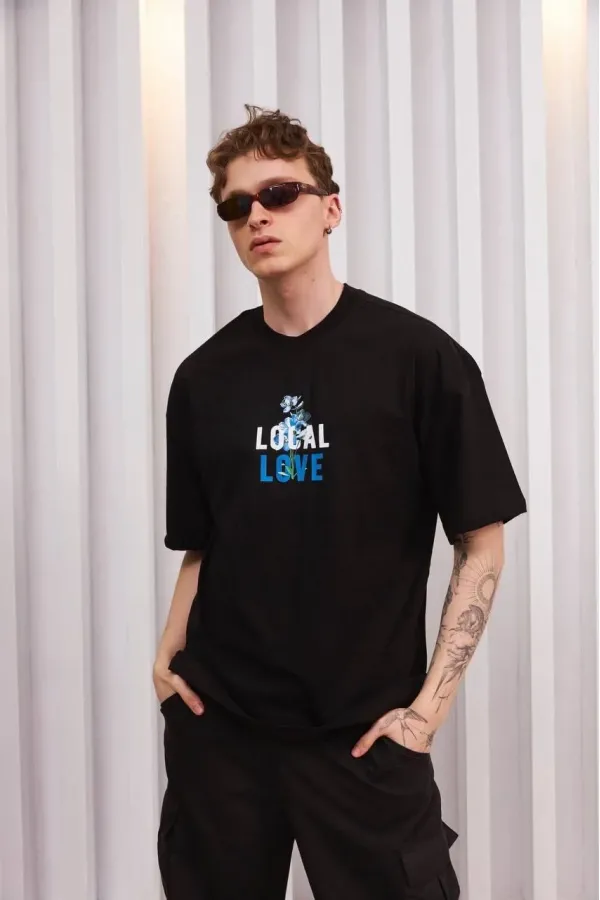 ERKEK Bisiklet Yaka Baskılı Oversize Kısa kol T-Shirt - Siyah ERKEK Bisiklet Yaka Baskılı Oversize Kısa kol T-Shirt - Siyah