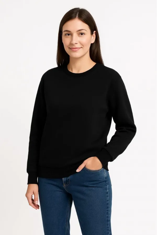 Kadın 3 İplik Pamuklu Düz Bisiklet Yaka SweatShirt - Siyah Kadın 3 İplik Pamuklu Düz Bisiklet Yaka SweatShirt - Siyah
