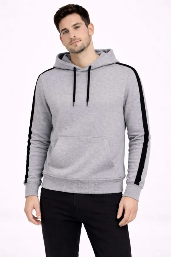 Erkek Şeritli Kapüşonlu Sweatshirt Oversize 3 iplik Pamuklu Hoodie - Gri Erkek Şeritli Kapüşonlu Sweatshirt Oversize 3 iplik Pamuklu Hoodie - Gri