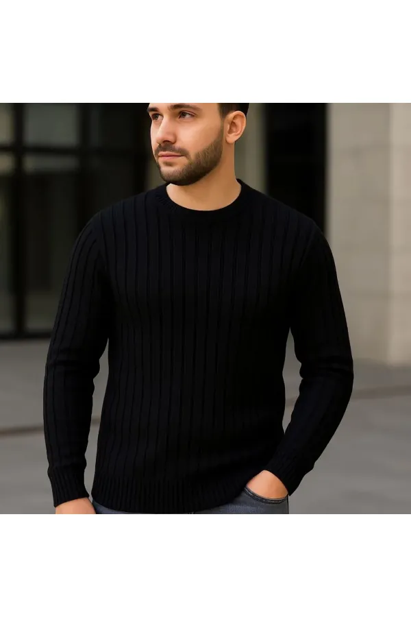 Erkek Fitilli Triko Kazak 3'lü Set Bej Gri Siyah Bisiklet Yaka Regular Fit