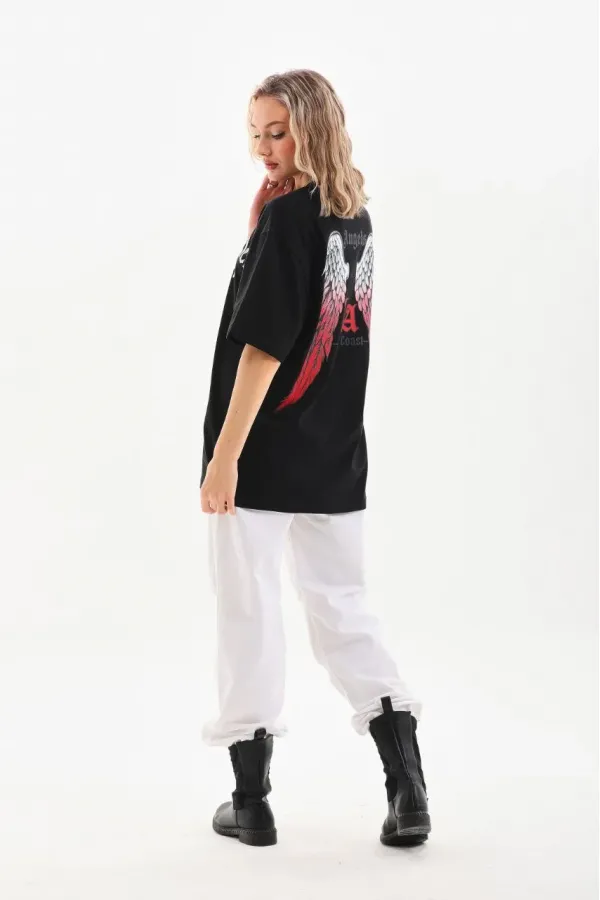 Kadın Baskılı Tişört Kısa Kol Bisiklet Yaka Oversize T-Shirt - Siyah Kadın Baskılı Tişört Kısa Kol Bisiklet Yaka Oversize T-Shirt - Siyah
