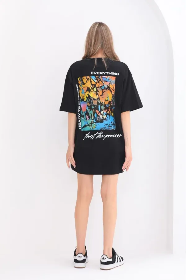 kadın Bisiklet Yaka Baskılı Oversize T-Shirt - Siyah kadın Bisiklet Yaka Baskılı Oversize T-Shirt - Siyah