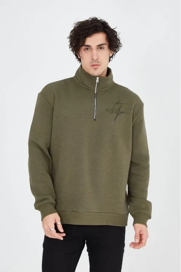 Erkek Yarım Fermuarlı Baskılı 3 iplik pamuklu sweatshirt - Yeşil Erkek Yarım Fermuarlı Baskılı 3 iplik pamuklu sweatshirt - Yeşil