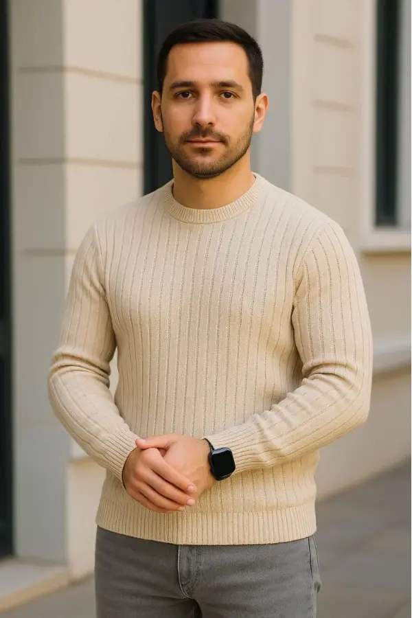 Erkek Fitilli Triko Kazak 3'lü Set Bej Gri Siyah Bisiklet Yaka Regular Fit