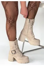 Linma Bej Nubuk Bağcıklı Topuklu Bot Linma Bej Nubuk Bağcıklı Topuklu Bot